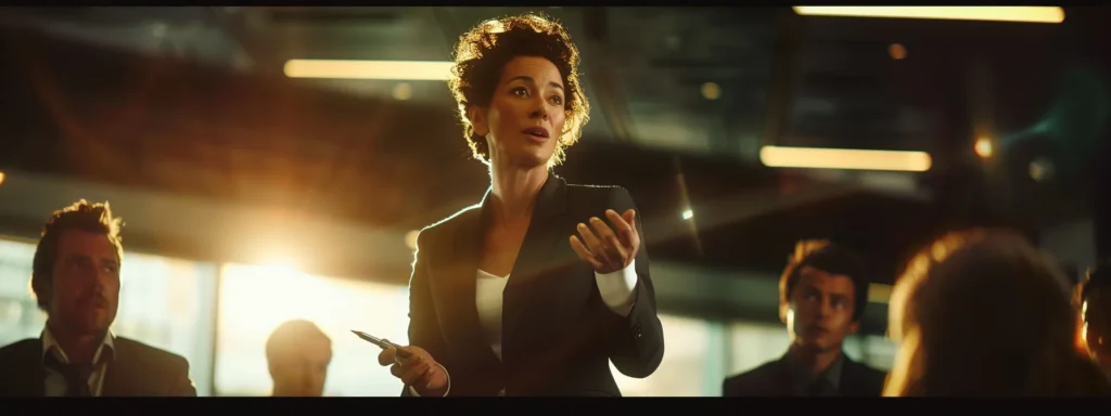 a confident businesswoman in a sleek suit, holding a pen and ready to negotiate with a group of serious-looking insurance representatives in a modern office boardroom.