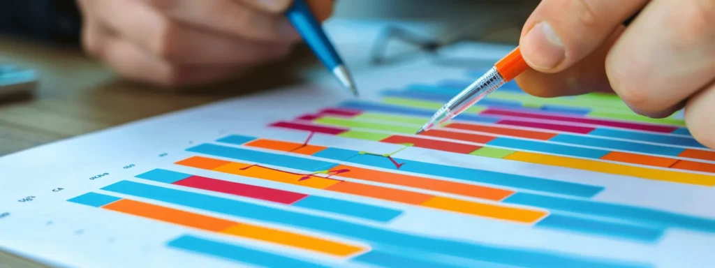 a digital marketing specialist analyzing a colorful infographic chart displaying positive engagement metrics for a behavioral healthcare campaign.