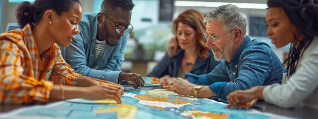 a diverse group of healthcare professionals confer around a map of the united states, marking expansion plans with enthusiasm and determination.