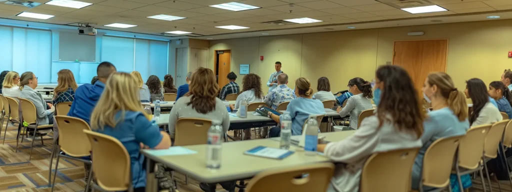 a diverse group of healthcare professionals engaged in a interactive compliance training session in a brightly lit conference room.