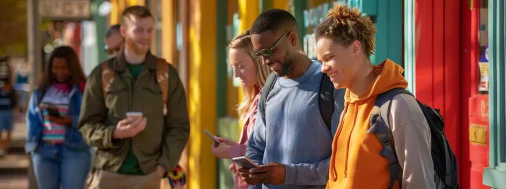 a diverse group of individuals searching online for addiction treatment centers in a vibrant local community with colorful storefronts.