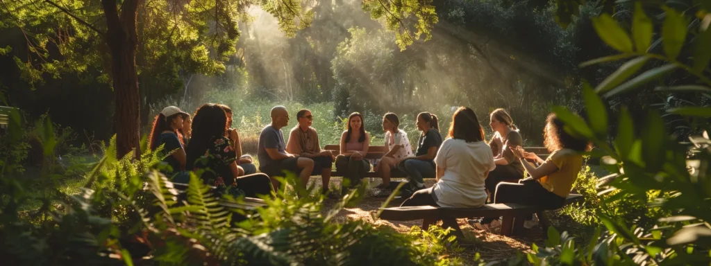 a diverse group of people engrossed in deep conversation during a therapy session surrounded by calming nature elements.