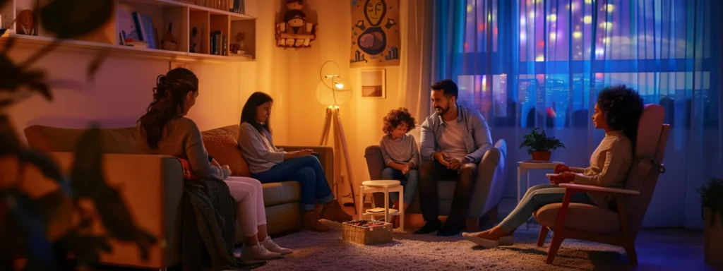 a family sitting in a cozy therapy room with a caring therapist, surrounded by tools for identifying mental health conditions.