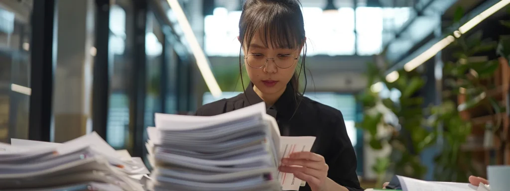 a focused and determined individual reviewing a stack of legal documents and compliance guidelines in a modern office setting.