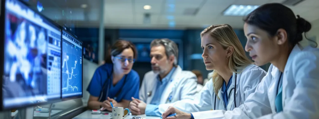 a focused healthcare team huddled around a conference table, analyzing market data and developing a strategic plan for upcoming negotiations with health insurers.