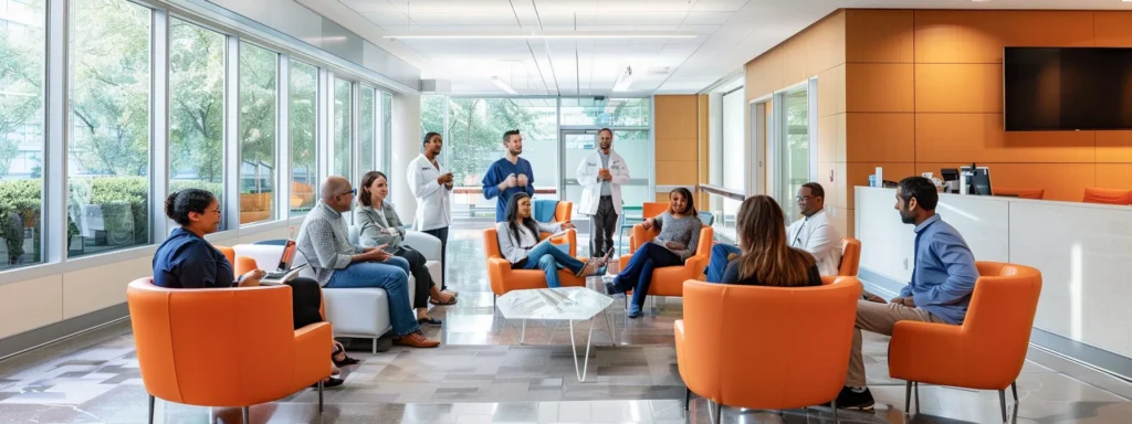 a group of healthcare professionals collaborating in a modern, bustling medical network office, discussing patient care strategies and innovative treatment plans.