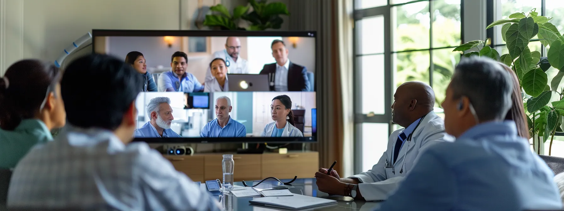 a group of healthcare professionals gathered around a computer, engaging in a virtual event to discuss and update organizational policies for behavioral health accreditation.