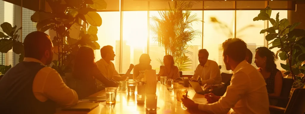 a group of healthcare providers and insurers sitting around a table, engaged in open communication and collaborating on quality initiatives, fostering positive partnerships.