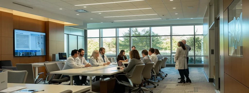 a group of healthcare providers and insurance representatives negotiating contract terms in a modern conference room.