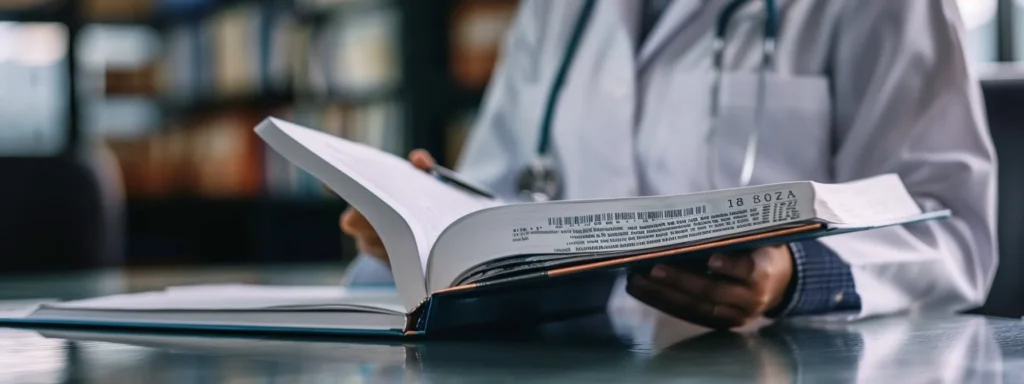 a group of healthcare providers reviewing a thick binder filled with federal and state regulations, highlighting the importance of addressing regulatory requirements in behavioral healthcare compliance.