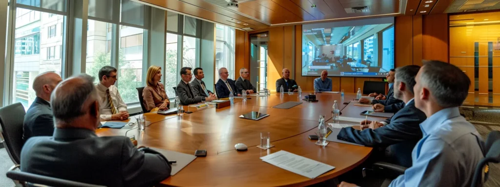 a group of professionals in a modern boardroom, engaged in a lively discussion about potential mergers and acquisitions for their behavioral health organization.