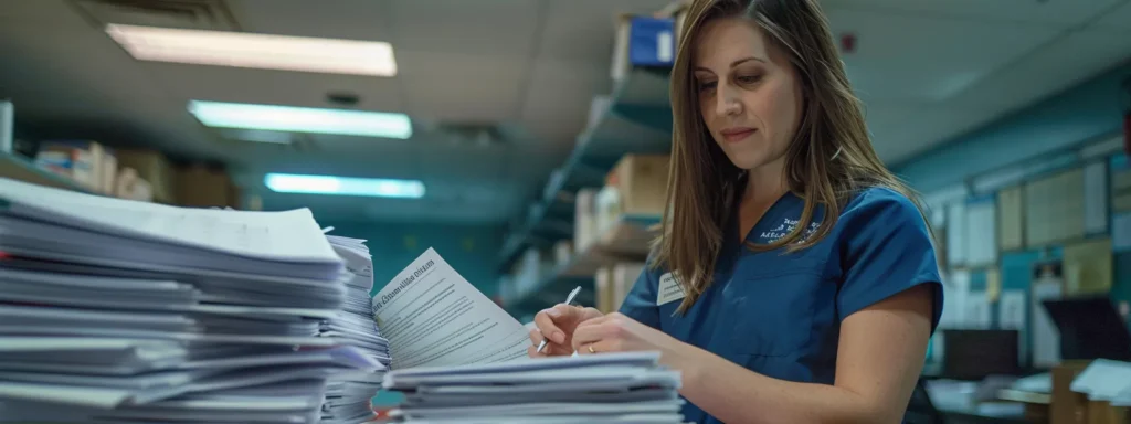 a healthcare provider confidently reviewing a detailed contract with a focused expression, surrounded by piles of paperwork and a pen in hand, highlighting the importance of thorough preparation in negotiations.