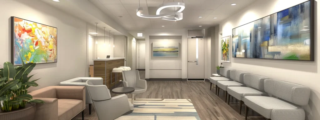 a modern clinic lobby with sleek furniture and calming artwork, ready for acquisition.