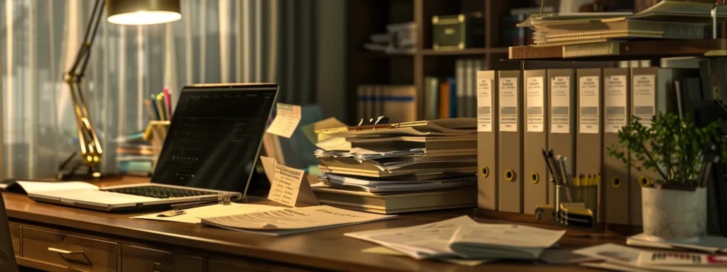 a modern, organized office desk with neatly arranged files, a laptop, and accreditation guidelines prominently displayed.