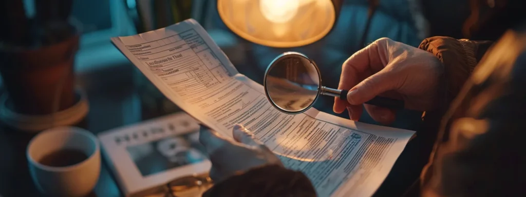 a person comparing insurance coverage documents with a magnifying glass, highlighting key details like deductibles and copayments.