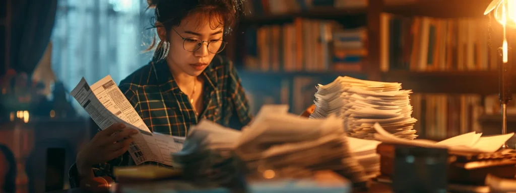 a person searching through a stack of insurance directories and referral cards, with a thoughtful expression, in a well-lit room.