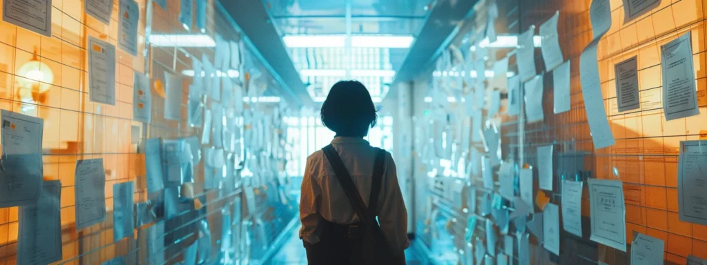 a person standing confidently in a hospital hallway surrounded by intricate compliance documents and charts.