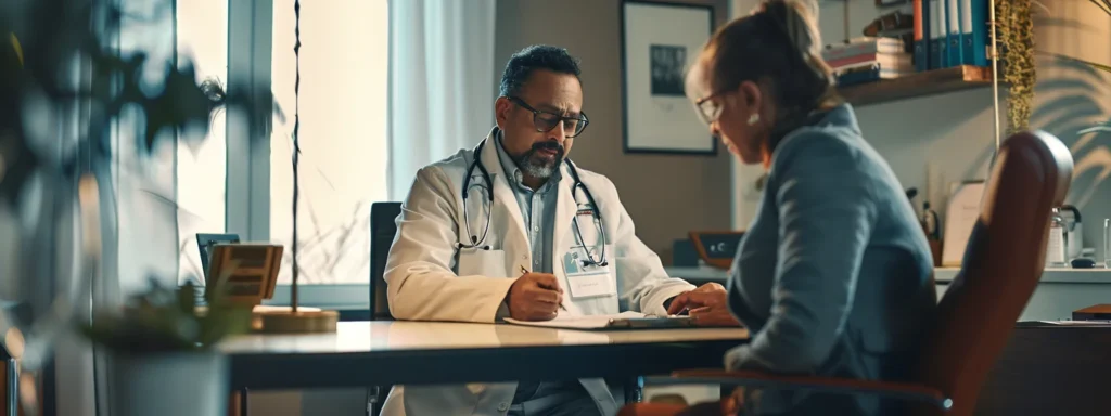 a psychiatrist sitting at a desk, signing a contract with a diverse group of healthcare providers.