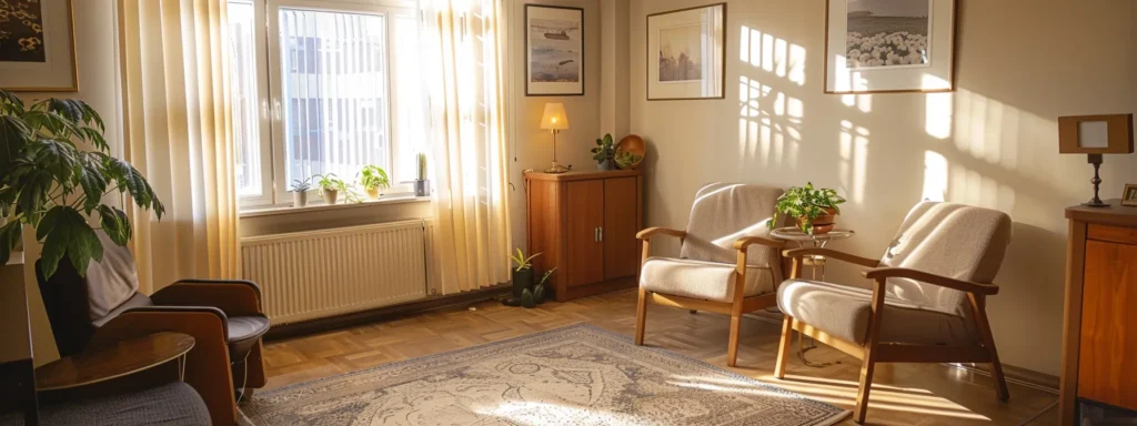 a serene and welcoming therapy office with calming decor and a cozy seating area as a psychologist gives advice to a client.