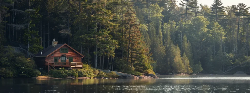 a serene lakeside cabin nestled among tall pine trees, offering a tranquil setting for specialized out-of-network behavioral health treatment.