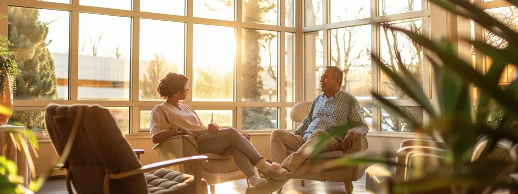 a serene, sunlit room with comfortable furnishings where a therapist listens attentively to a patient sharing their thoughts and feelings.