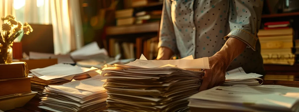 a therapist carefully organizing a stack of paperwork and applications on a desk, ready to become an in-network provider.