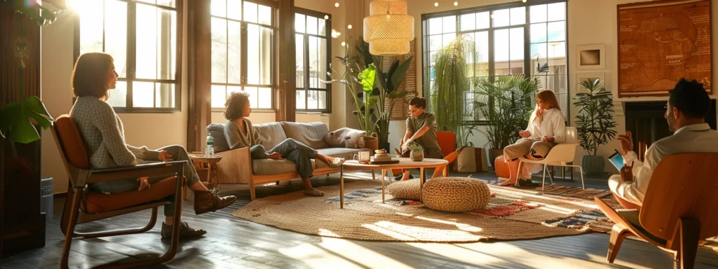 a therapist leading a group session in a serene, inviting room with calming decor and comfortable seating.