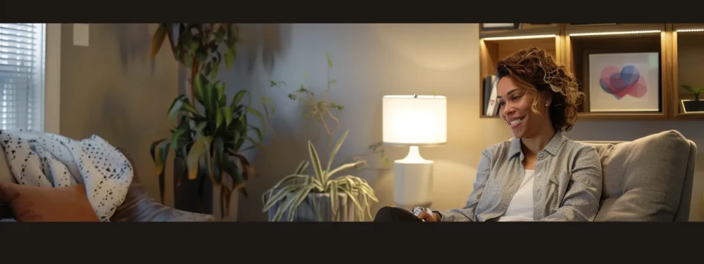 a woman sitting in a cozy therapist's office, surrounded by calming decor and soothing lighting, smiling as she discusses her mental health with an in-network provider.